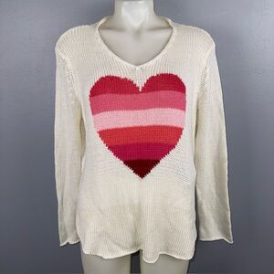 Wooden Ships Sweater Women’s S/M Ivory Colorful Heart Lightweight Open Knit